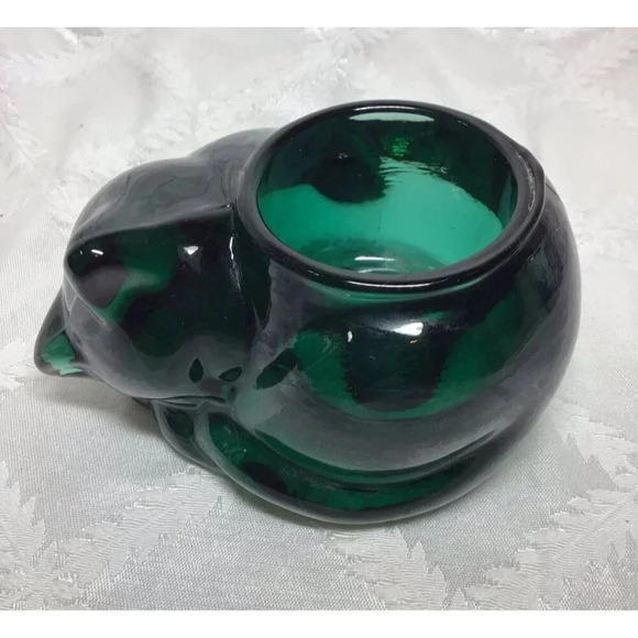 Indiana Glass Other - Vintage Indiana Glass Emerald Green Sleeping Cat Votive Tea Light Holder